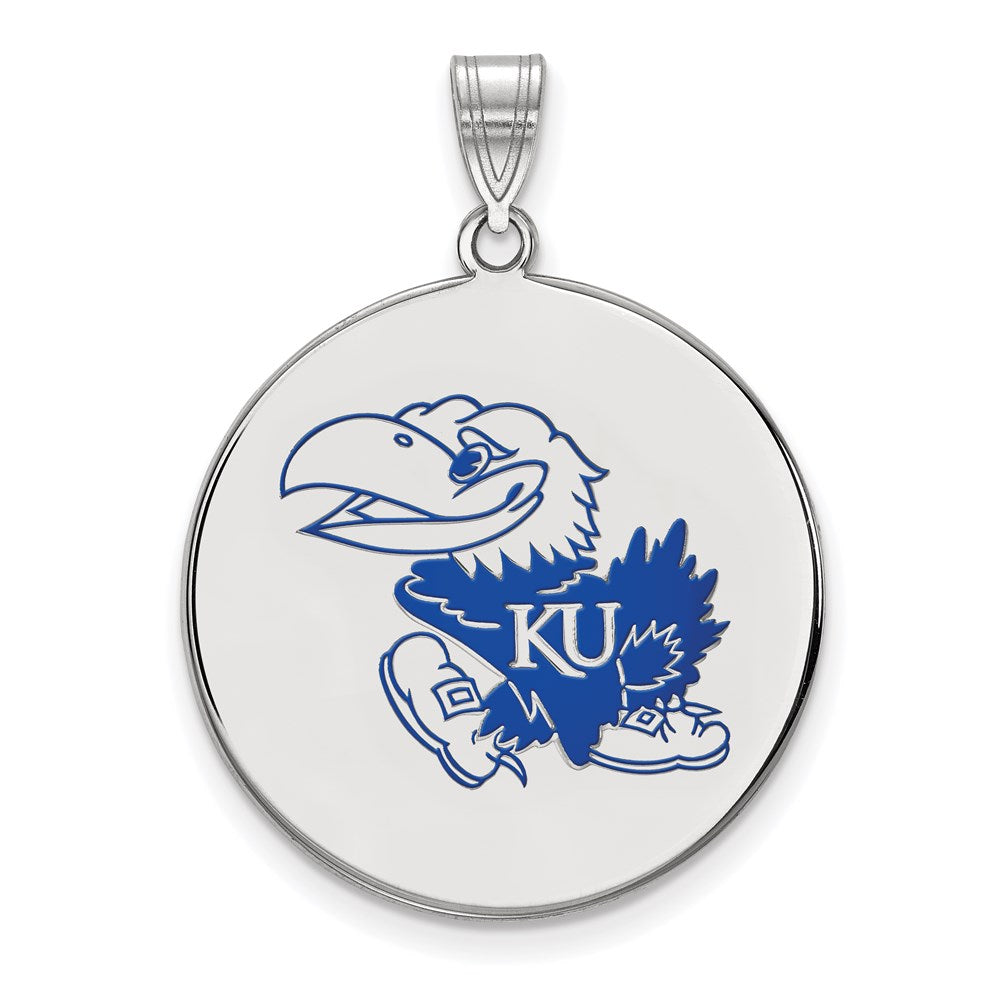 Sterling Silver Rhodium-plated LogoArt University of Kansas Jayhawk Extra Large Enameled Disc Pendant