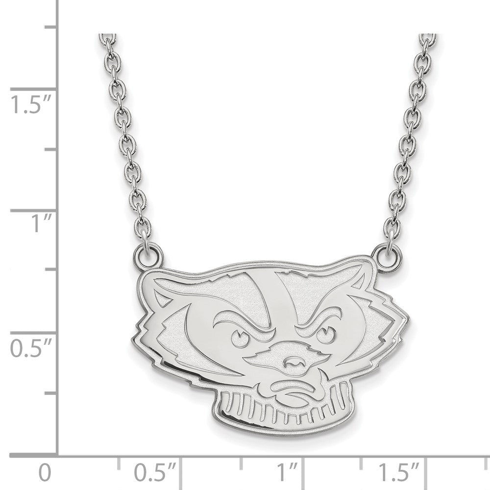 14k White Gold LogoArt University of Wisconsin Badger Large Pendant 18 inch Necklace
