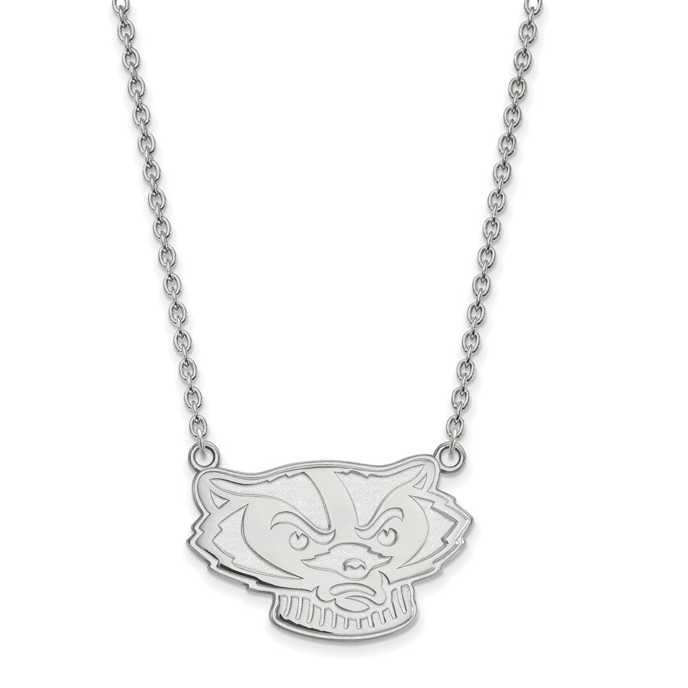 14k White Gold LogoArt University of Wisconsin Badger Large Pendant 18 inch Necklace