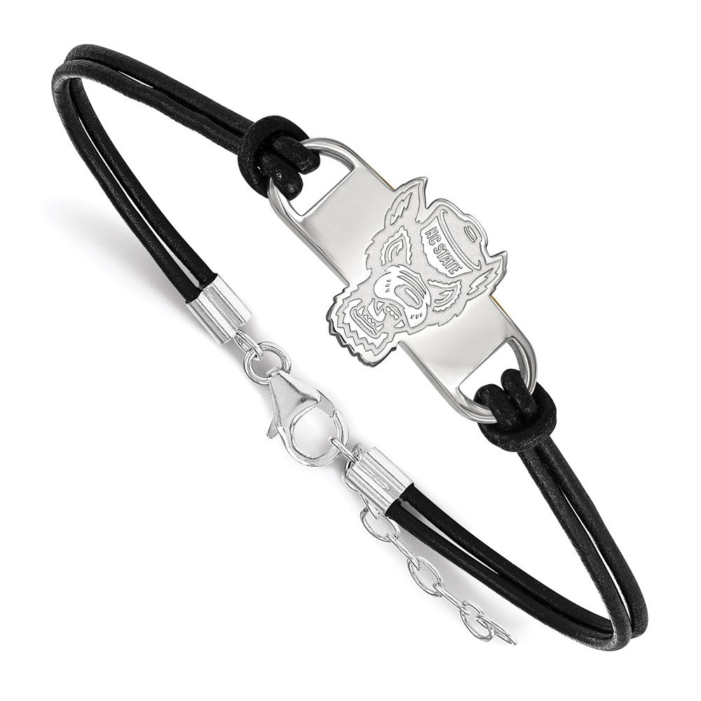 Sterling Silver Rhodium-plated LogoArt North Carolina State University Wolf Small Center Black Leather 7 inch Bracelet with Extender