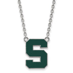 Sterling Silver Rhodium-plated LogoArt Michigan State University Letter S Large Enameled Pendant 18 inch Necklace