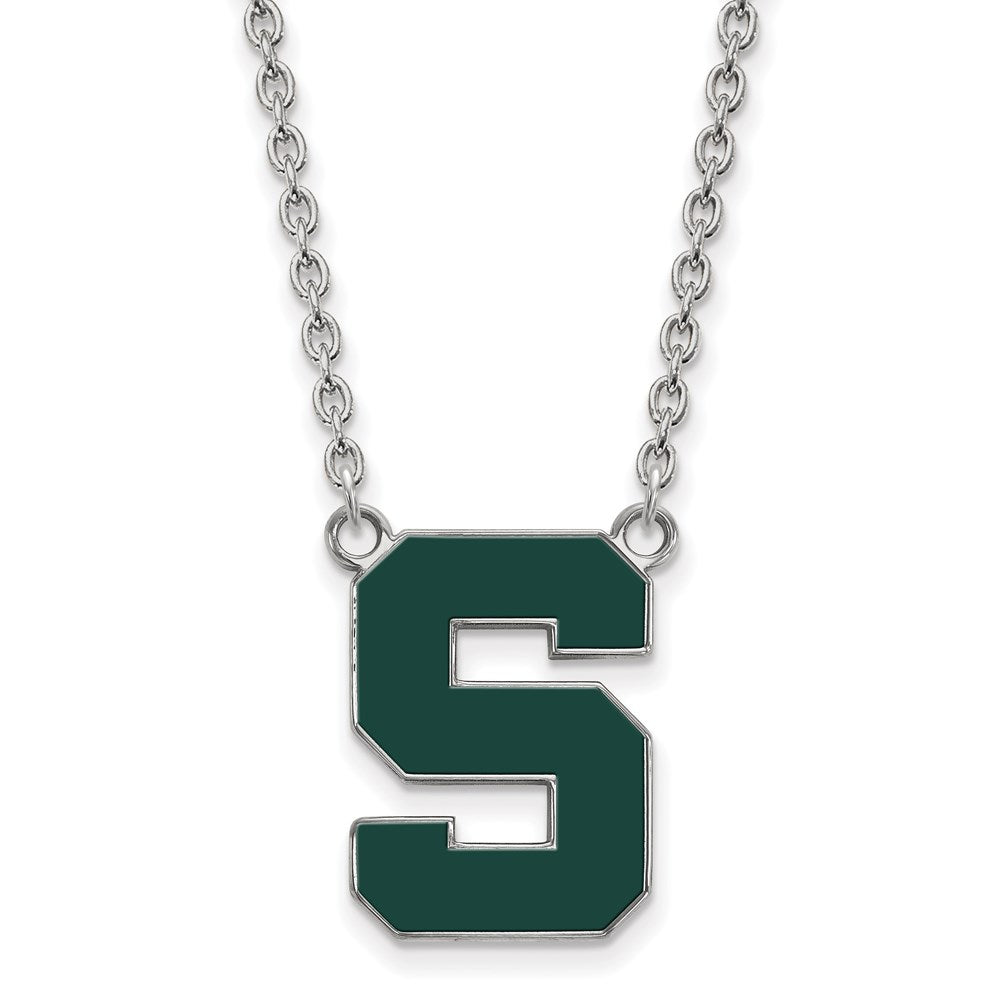 Sterling Silver Rhodium-plated LogoArt Michigan State University Letter S Large Enameled Pendant 18 inch Necklace