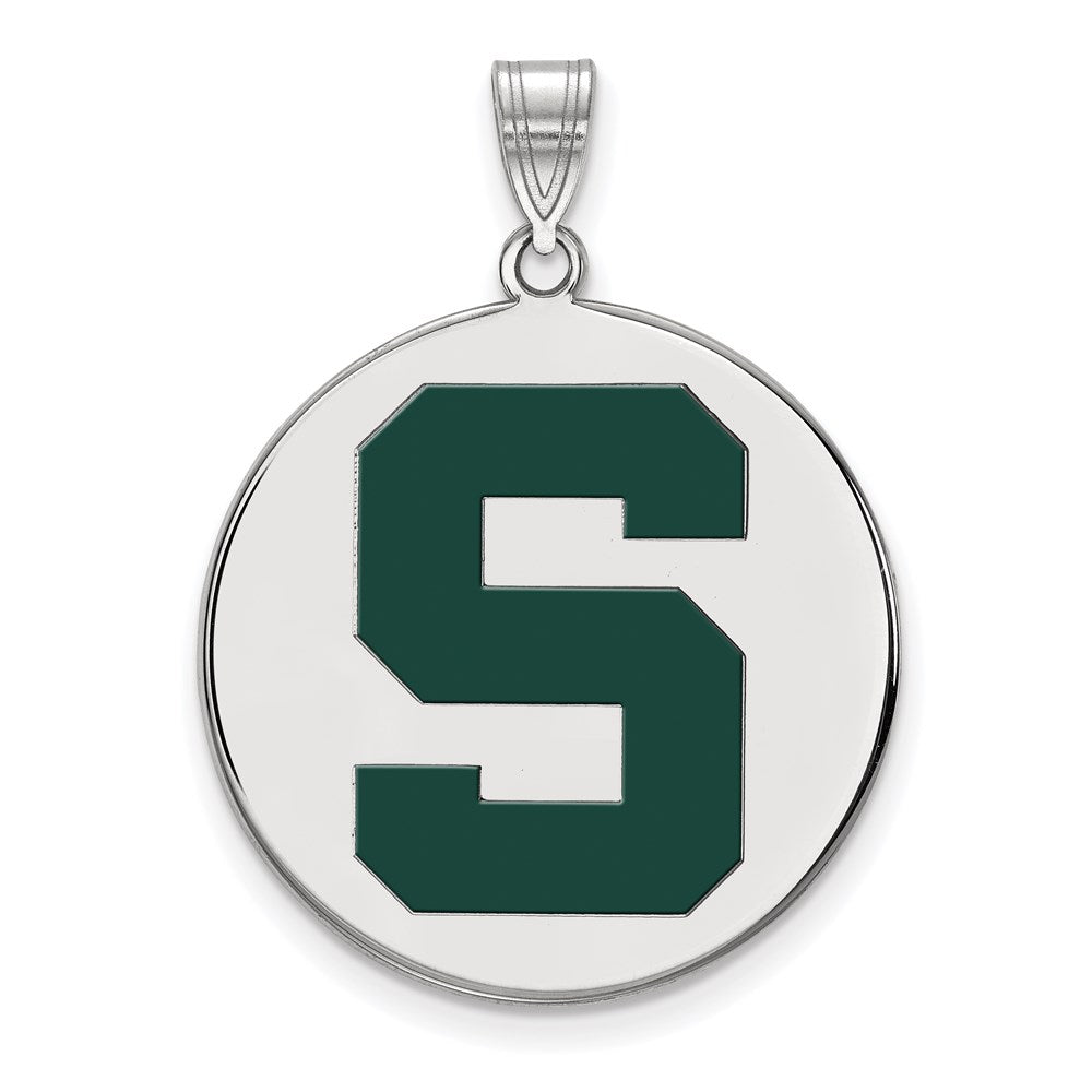 Sterling Silver Rhodium-plated LogoArt Michigan State University Letter S Extra Large Enameled Disc Pendant
