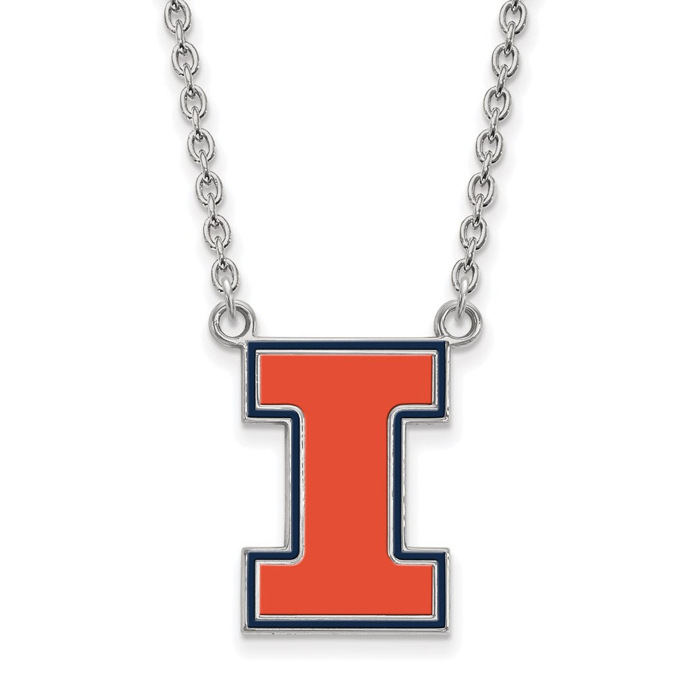 Sterling Silver Rhodium-plated LogoArt University of Illinois Letter I Large Enameled Pendant 18 inch Necklace