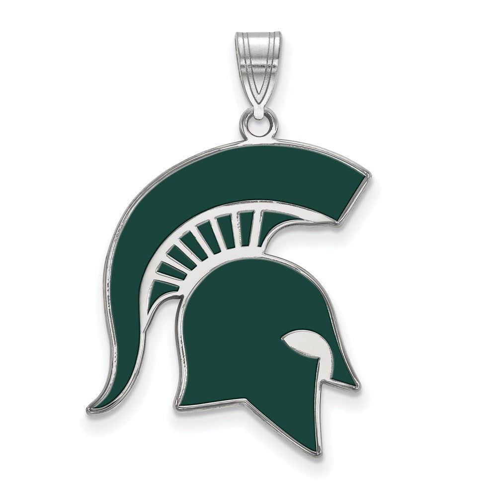 Sterling Silver Rhodium-plated LogoArt Michigan State University Spartan Extra Large Enameled Pendant