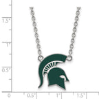 Sterling Silver Rhodium-plated LogoArt Michigan State University Spartan Large Enameled Pendant 18 inch Necklace