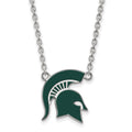 Sterling Silver Rhodium-plated LogoArt Michigan State University Spartan Large Enameled Pendant 18 inch Necklace