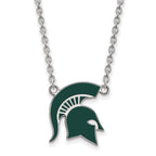 Sterling Silver Rhodium-plated LogoArt Michigan State University Spartan Large Enameled Pendant 18 inch Necklace