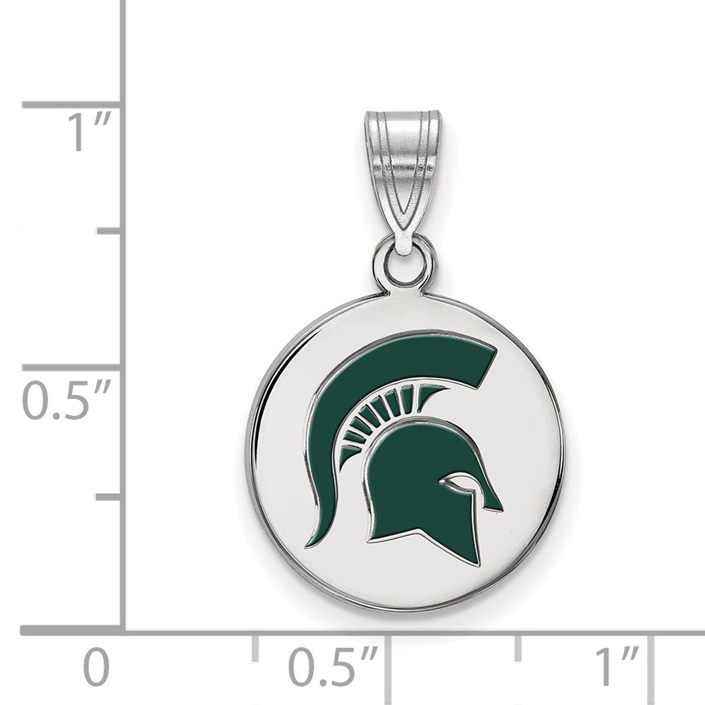 Sterling Silver Rhodium-plated LogoArt Michigan State University Spartan Medium Enameled Disc Pendant