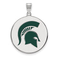 Sterling Silver Rhodium-plated LogoArt Michigan State University Spartan Extra Large Enameled Disc Pendant