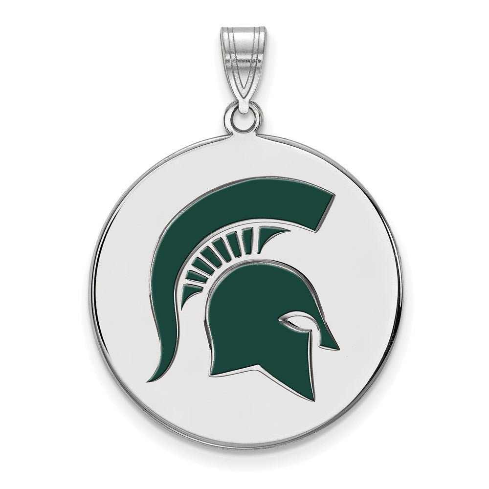 Sterling Silver Rhodium-plated LogoArt Michigan State University Spartan Extra Large Enameled Disc Pendant