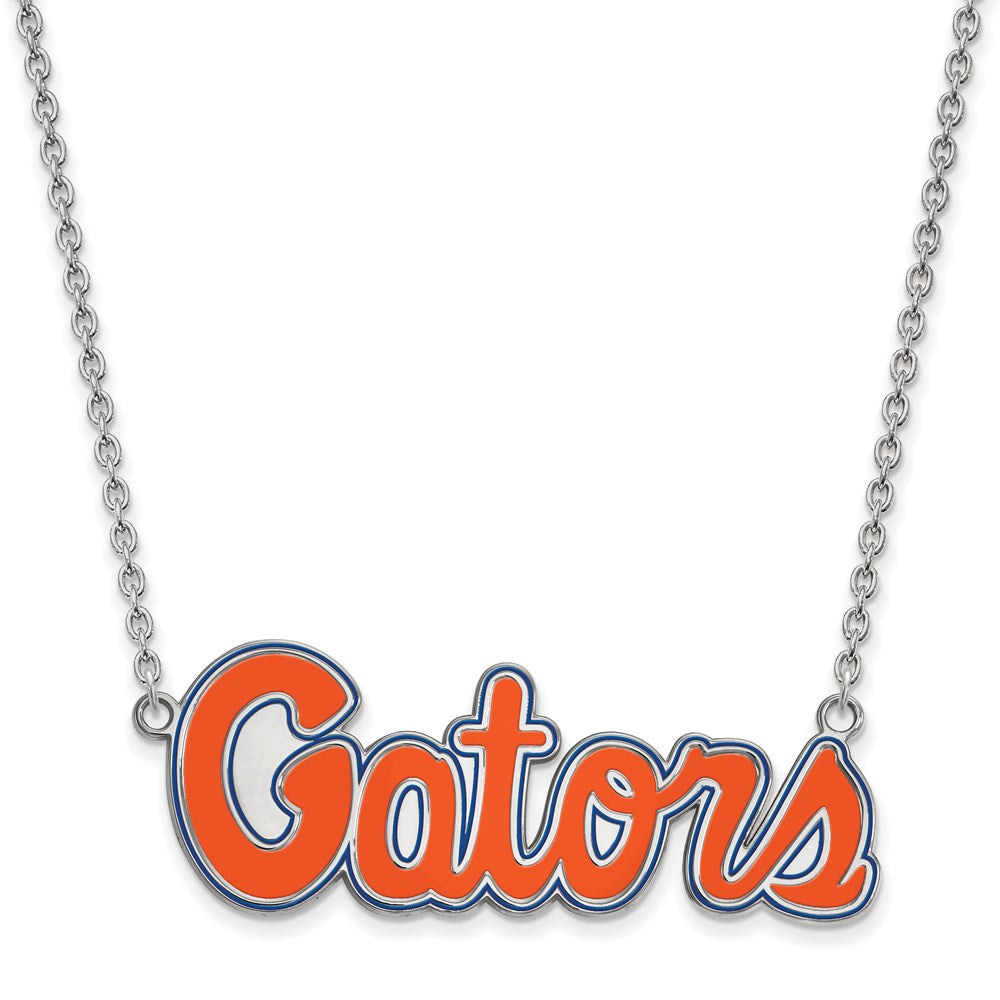 Sterling Silver Rhodium-plated LogoArt University of Florida Gators Script Large Enameled Pendant 18 inch Necklace