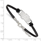 Sterling Silver Rhodium-plated LogoArt University of Florida Letter F Small Center Black Leather 7 inch Bracelet with Extender