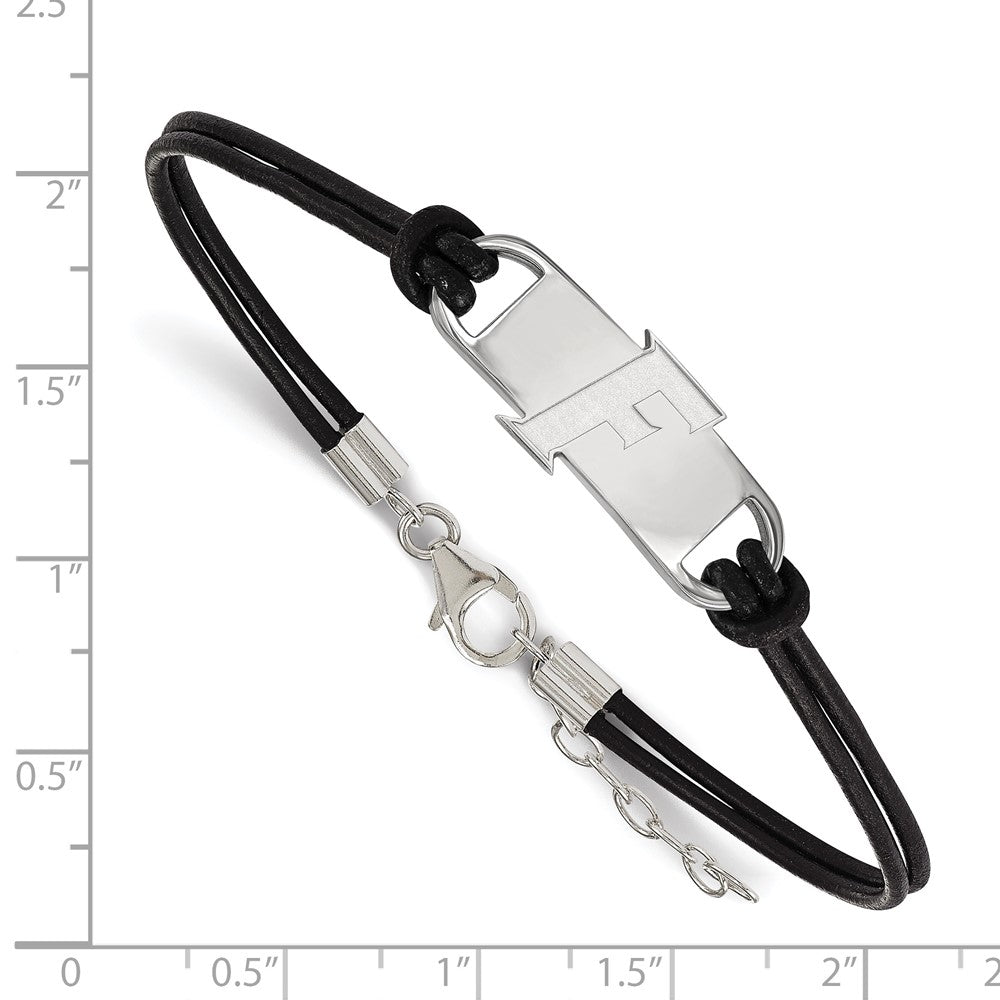 Sterling Silver Rhodium-plated LogoArt University of Florida Letter F Small Center Black Leather 7 inch Bracelet with Extender