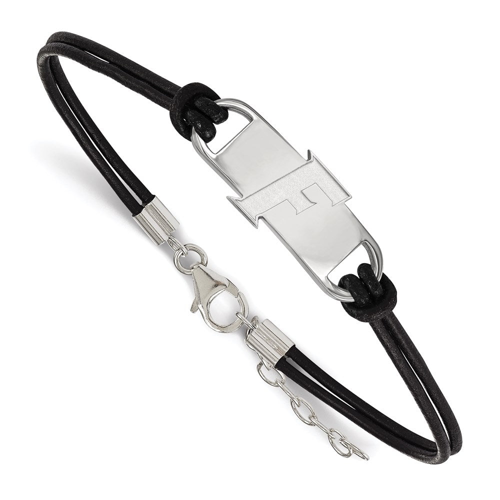 Sterling Silver Rhodium-plated LogoArt University of Florida Letter F Small Center Black Leather 7 inch Bracelet with Extender