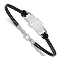 Sterling Silver Rhodium-plated LogoArt University of Florida Letter F Small Center Black Leather 7 inch Bracelet with Extender