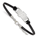 Sterling Silver Rhodium-plated LogoArt University of Florida Letter F Small Center Black Leather 7 inch Bracelet with Extender