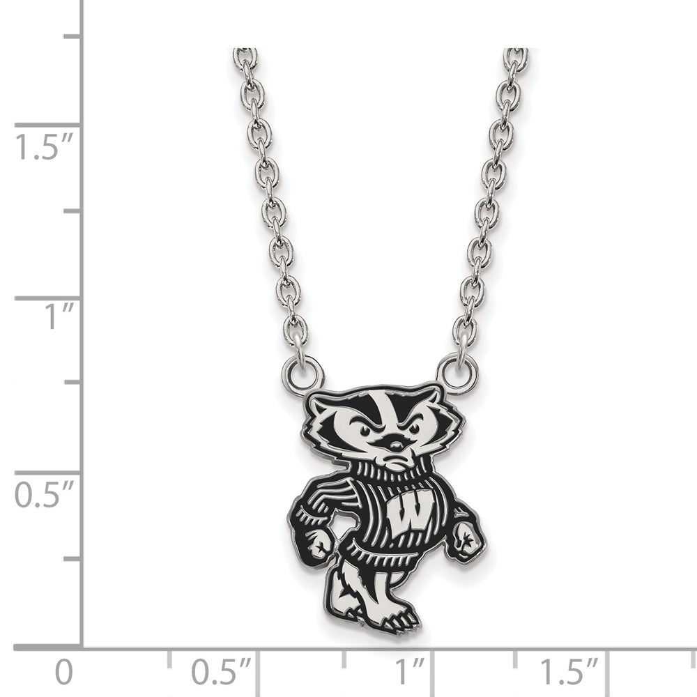 Sterling Silver Rhodium-plated LogoArt University of Wisconsin Badger Large Enameled Pendant 18 inch Necklace