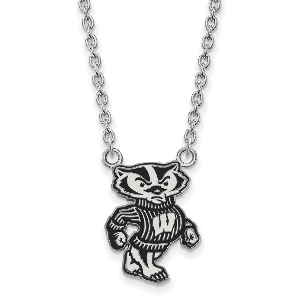Sterling Silver Rhodium-plated LogoArt University of Wisconsin Badger Large Enameled Pendant 18 inch Necklace
