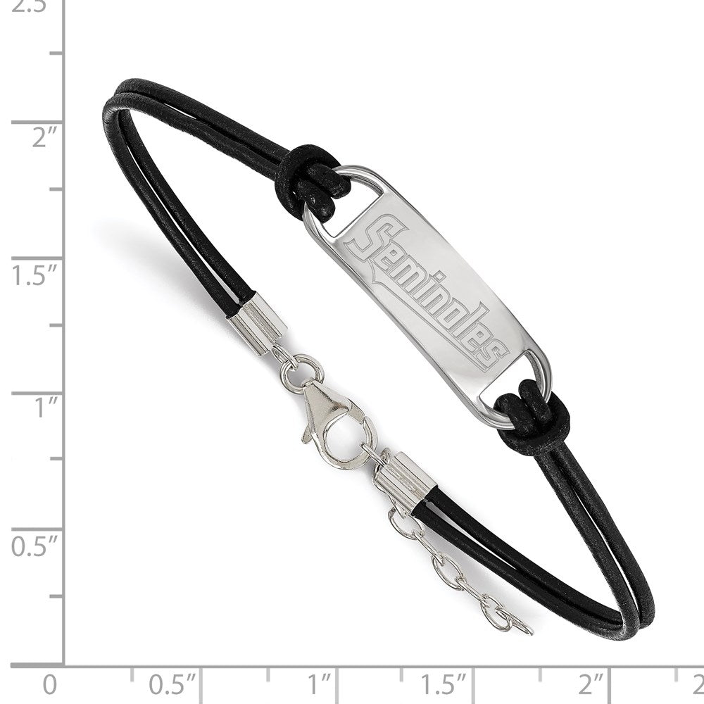 Sterling Silver Rhodium-plated LogoArt Florida State University Seminoles Small Center Black Leather 7 inch Bracelet with Extender