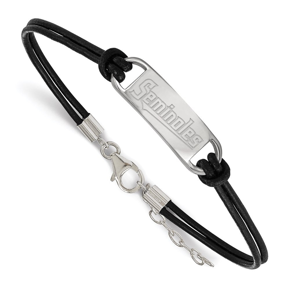 Sterling Silver Rhodium-plated LogoArt Florida State University Seminoles Small Center Black Leather 7 inch Bracelet with Extender