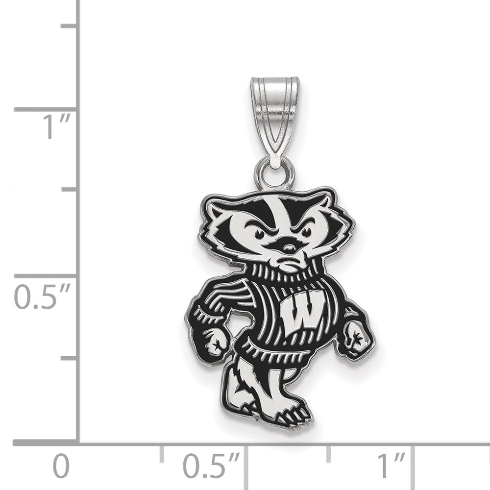 Sterling Silver Rhodium-plated LogoArt University of Wisconsin Badger Large Enameled Pendant