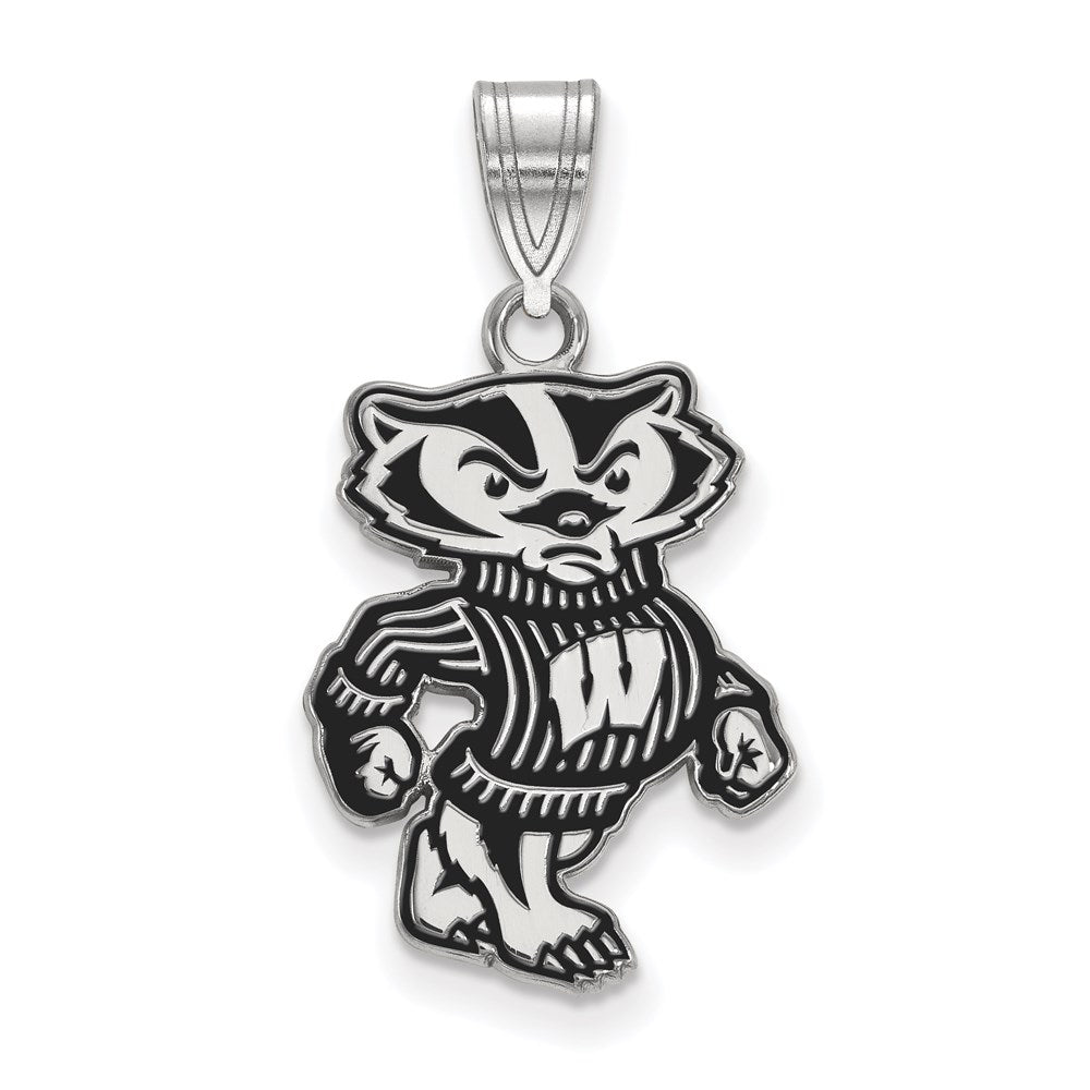 Sterling Silver Rhodium-plated LogoArt University of Wisconsin Badger Large Enameled Pendant