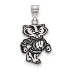 Sterling Silver Rhodium-plated LogoArt University of Wisconsin Badger Large Enameled Pendant