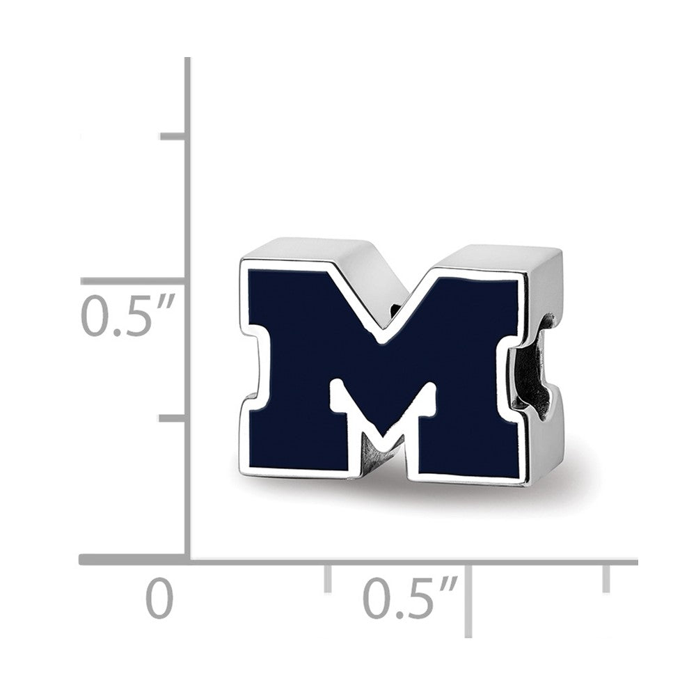 Sterling Silver Rhodium-plated LogoArt University of Michigan Letter M Blue Enameled 1-sided Bead