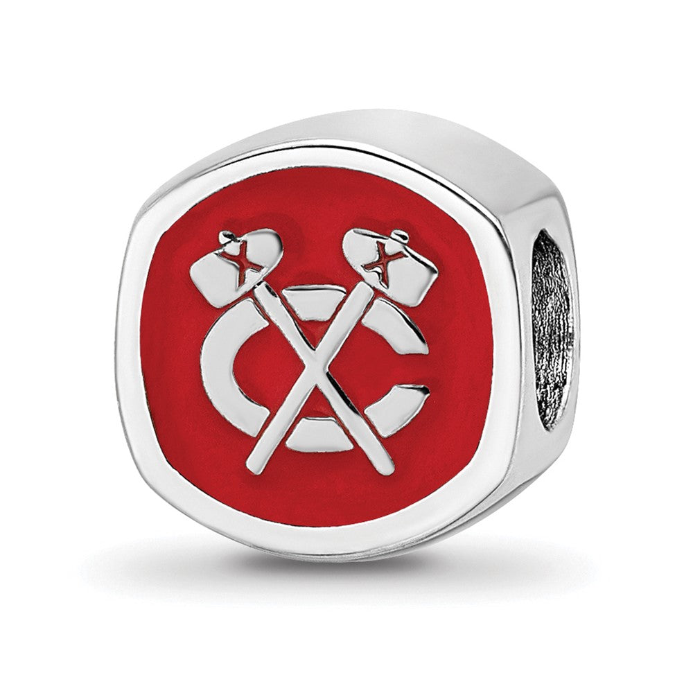 Sterling Silver Rhodium-plated NHL LogoArt Chicago Blackhawks Double Logo Enameled Bead