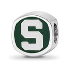 Sterling Silver Rhodium-plated LogoArt Michigan State University Enameled Double Logo Bead