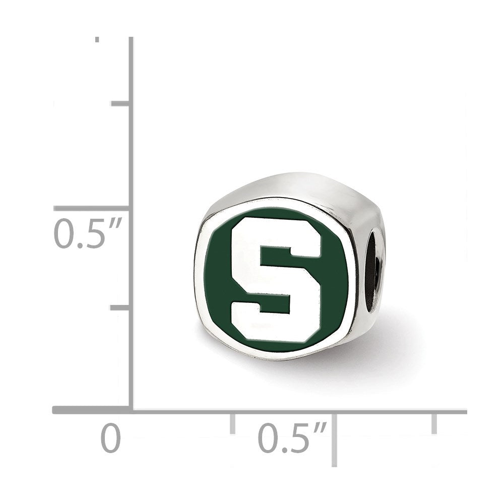 Sterling Silver Rhodium-plated LogoArt Michigan State University Enameled Double Logo Bead
