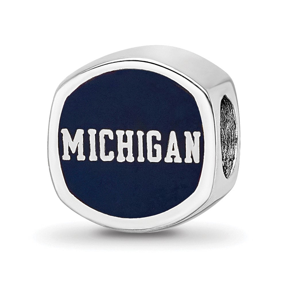 Sterling Silver Rhodium-plated LogoArt University of Michigan Double Logo Blue Enameled Bead