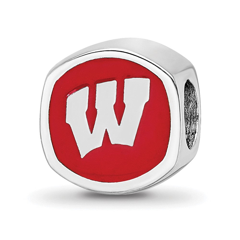 Sterling Silver Rhodium-plated LogoArt University of Wisconsin Enameled Double Logo Bead