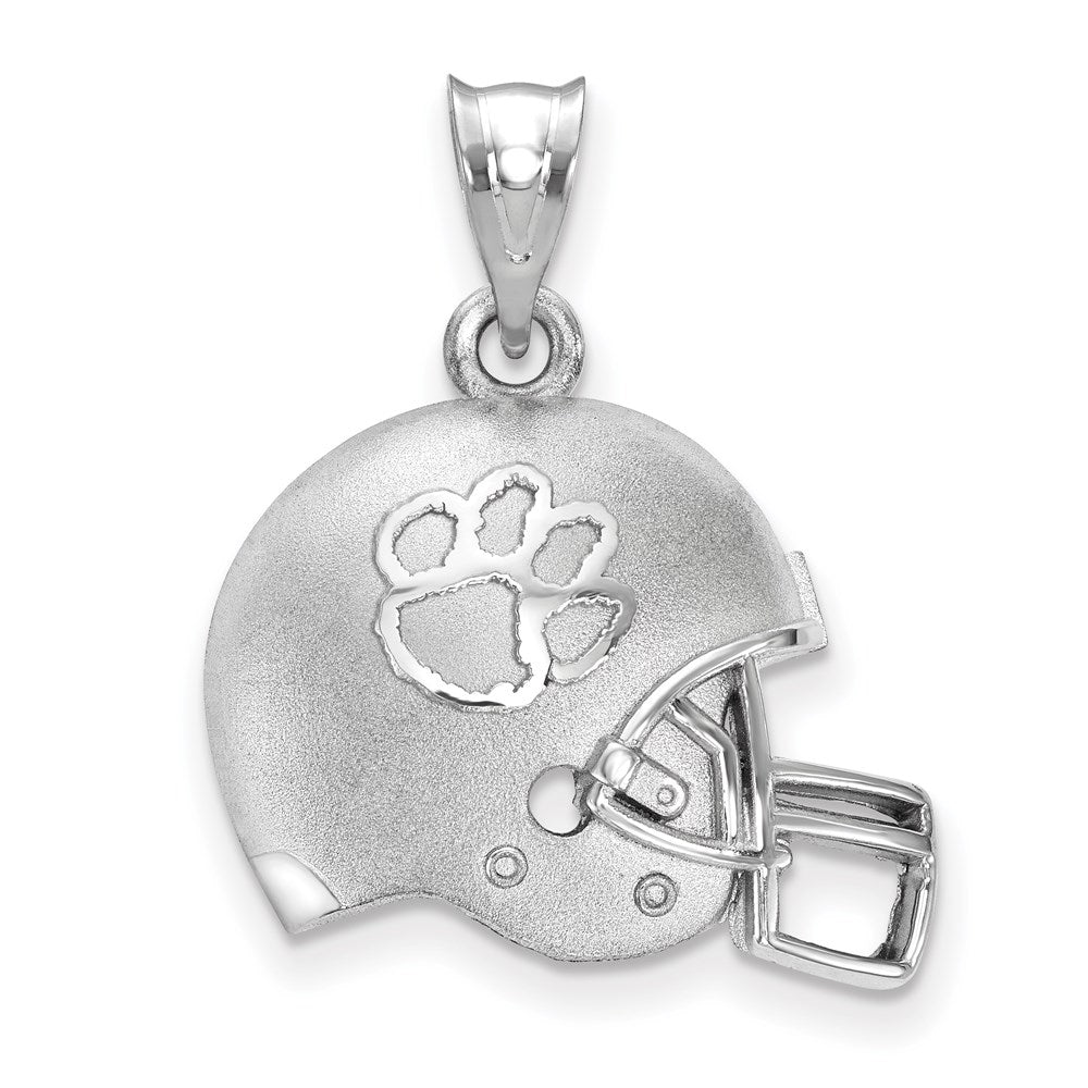 Sterling Silver Rhodium-plated LogoArt Clemson University Tiger Paw Domed Football Helmet Pendant