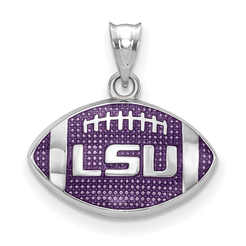 Sterling Silver Rhodium-plated LogoArt Louisiana State University L-S-U Enameled Football Pendant