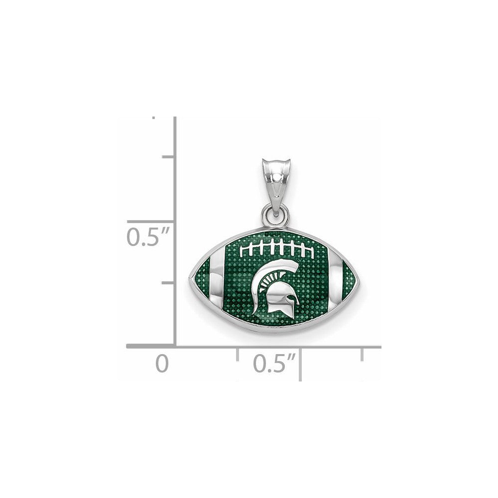 Sterling Silver Rhodium-plated LogoArt Michigan State University Spartan Enameled Football Pendant