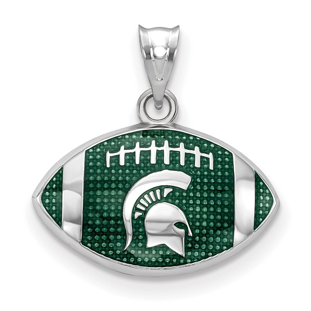 Sterling Silver Rhodium-plated LogoArt Michigan State University Spartan Enameled Football Pendant