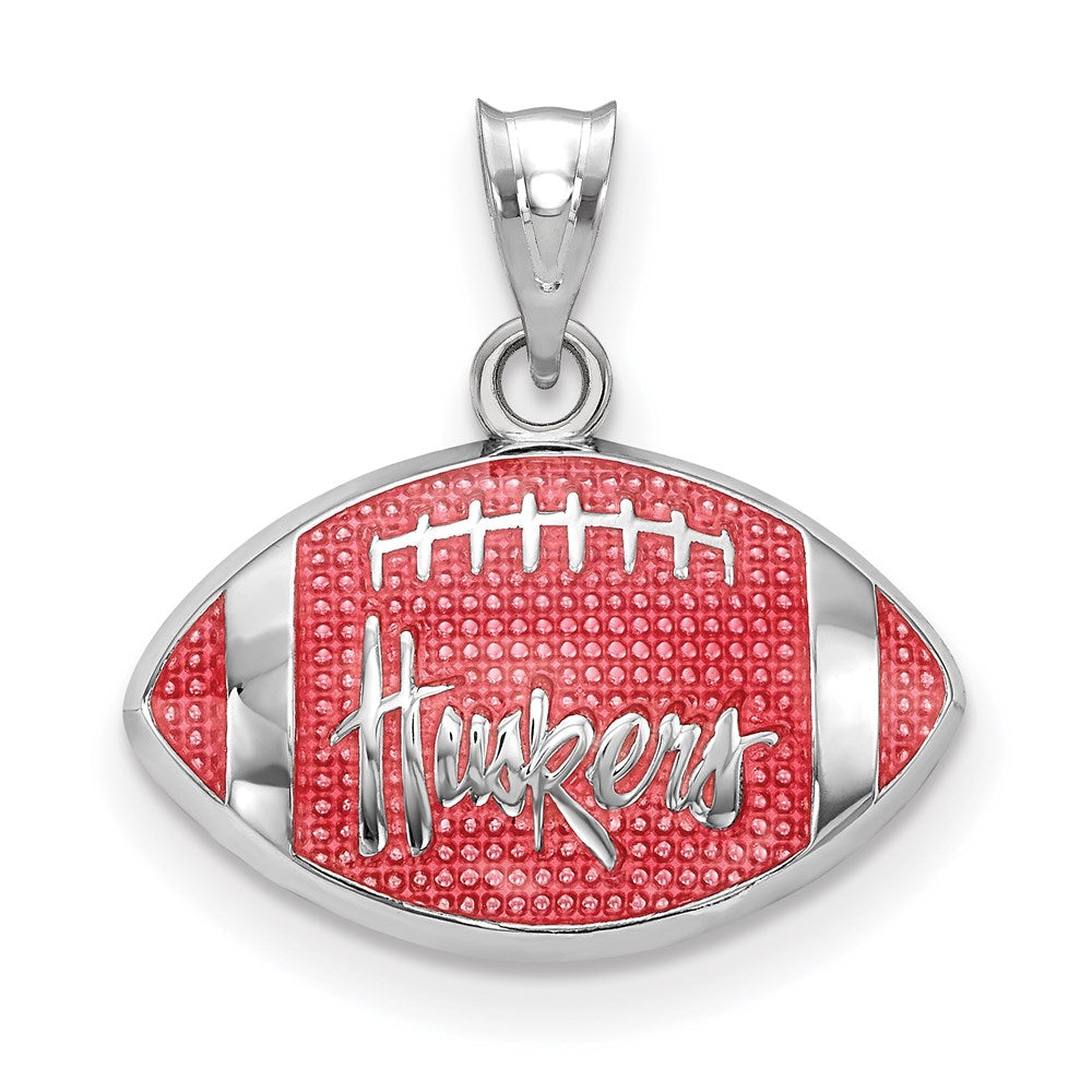 Sterling Silver Rhodium-plated LogoArt University of Nebraska Huskers Enameled Football Pendant