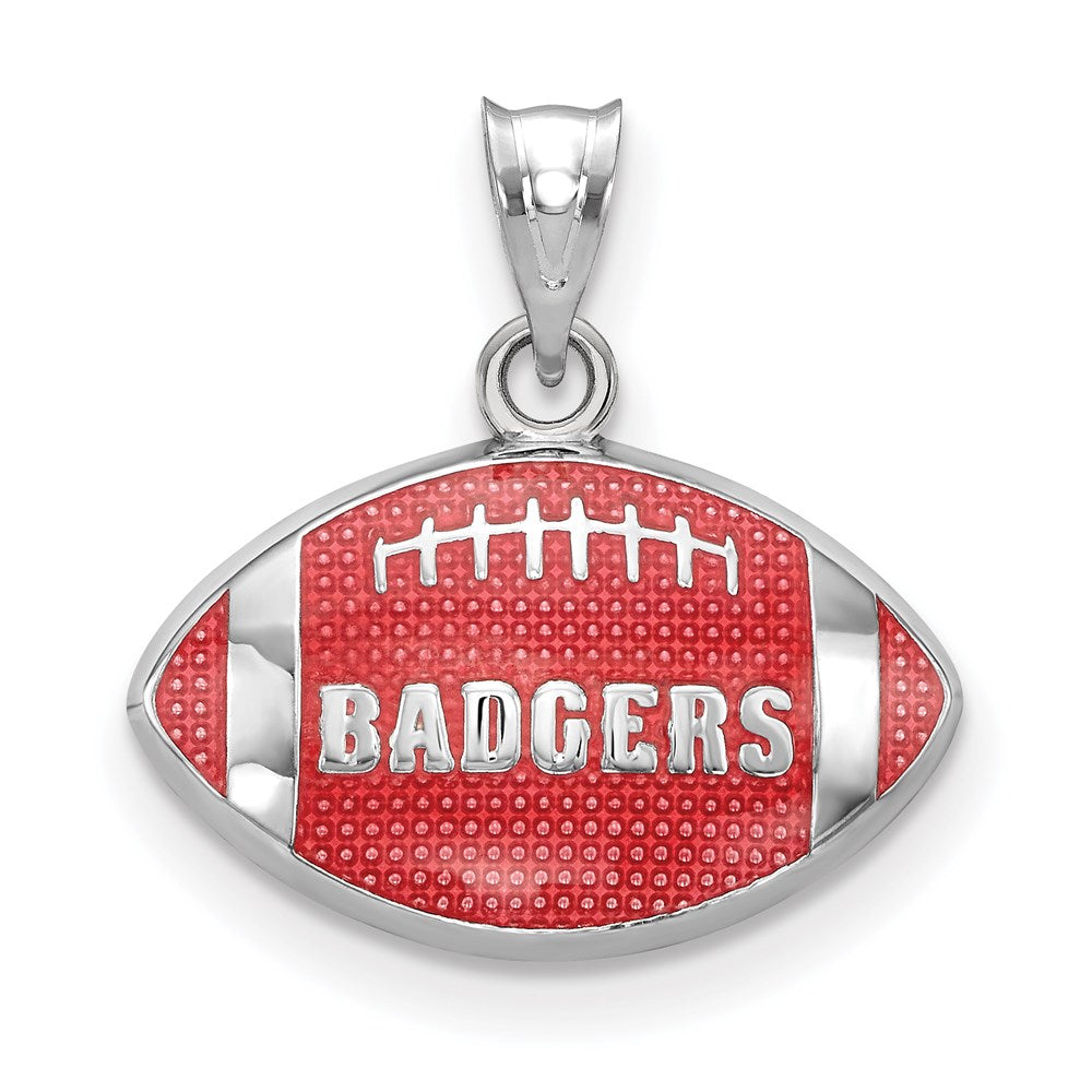 Sterling Silver Rhodium-plated LogoArt University of Wisconsin Badgers Enameled Football Pendant
