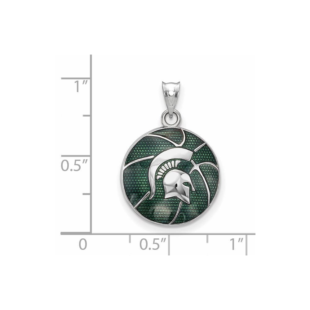 Sterling Silver Rhodium-plated LogoArt Michigan State University Spartan Enameled Basketball Pendant