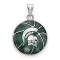 Sterling Silver Rhodium-plated LogoArt Michigan State University Spartan Enameled Basketball Pendant