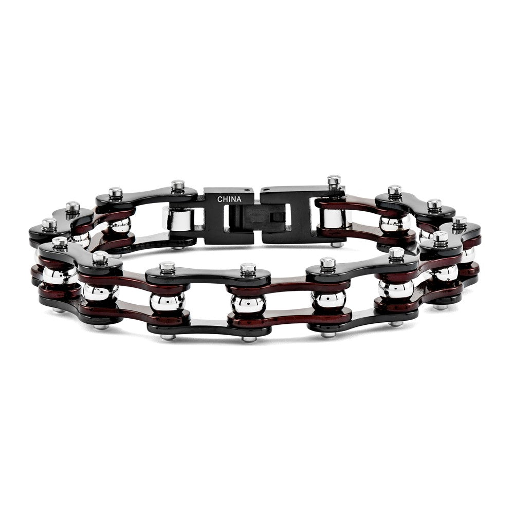 Stainless Steel w/Black IP & Red IP Ctr Bike Chain 8.25 Bracelet