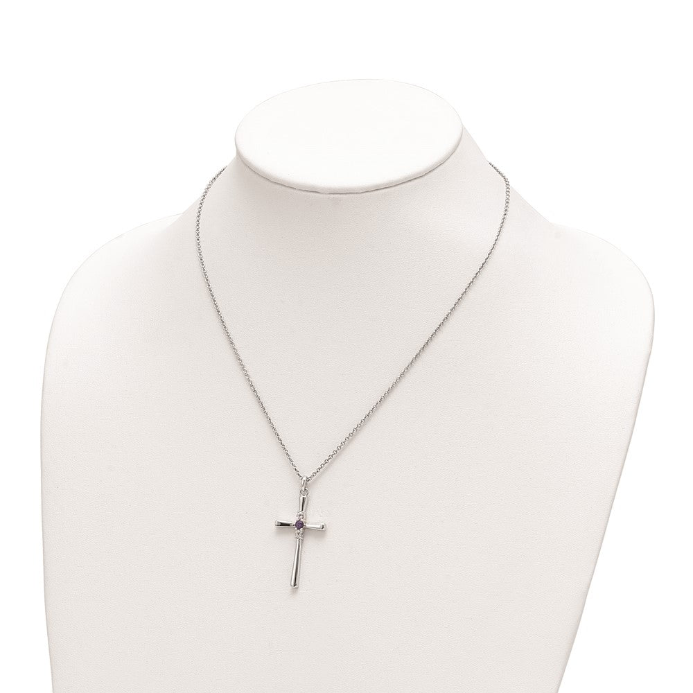 Survivor Collection Sterling Silver Rhodium-plated 16 Inch White and Purple Topaz Faith Cross Necklace with 2 Inch Extender