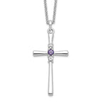 Survivor Collection Sterling Silver Rhodium-plated 16 Inch White and Purple Topaz Faith Cross Necklace with 2 Inch Extender