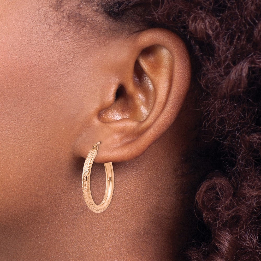 14k Rose Gold 3x25mm Diamond-cut Round Tube Hoop Earrings