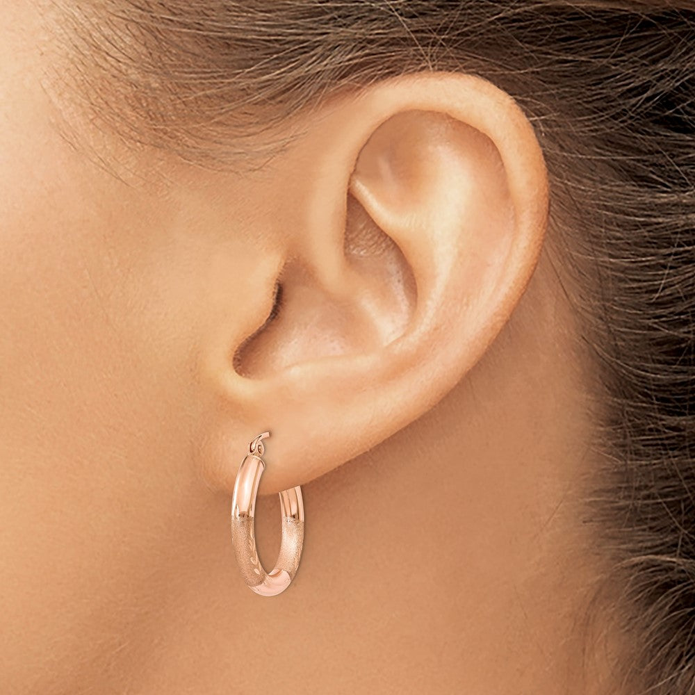 14k Rose Gold 3x18mm Satin Diamond-cut Round Tube Hoop Earrings