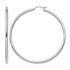 14K White Gold 2.5x60mm Polished Round Tube Hoop Earrings