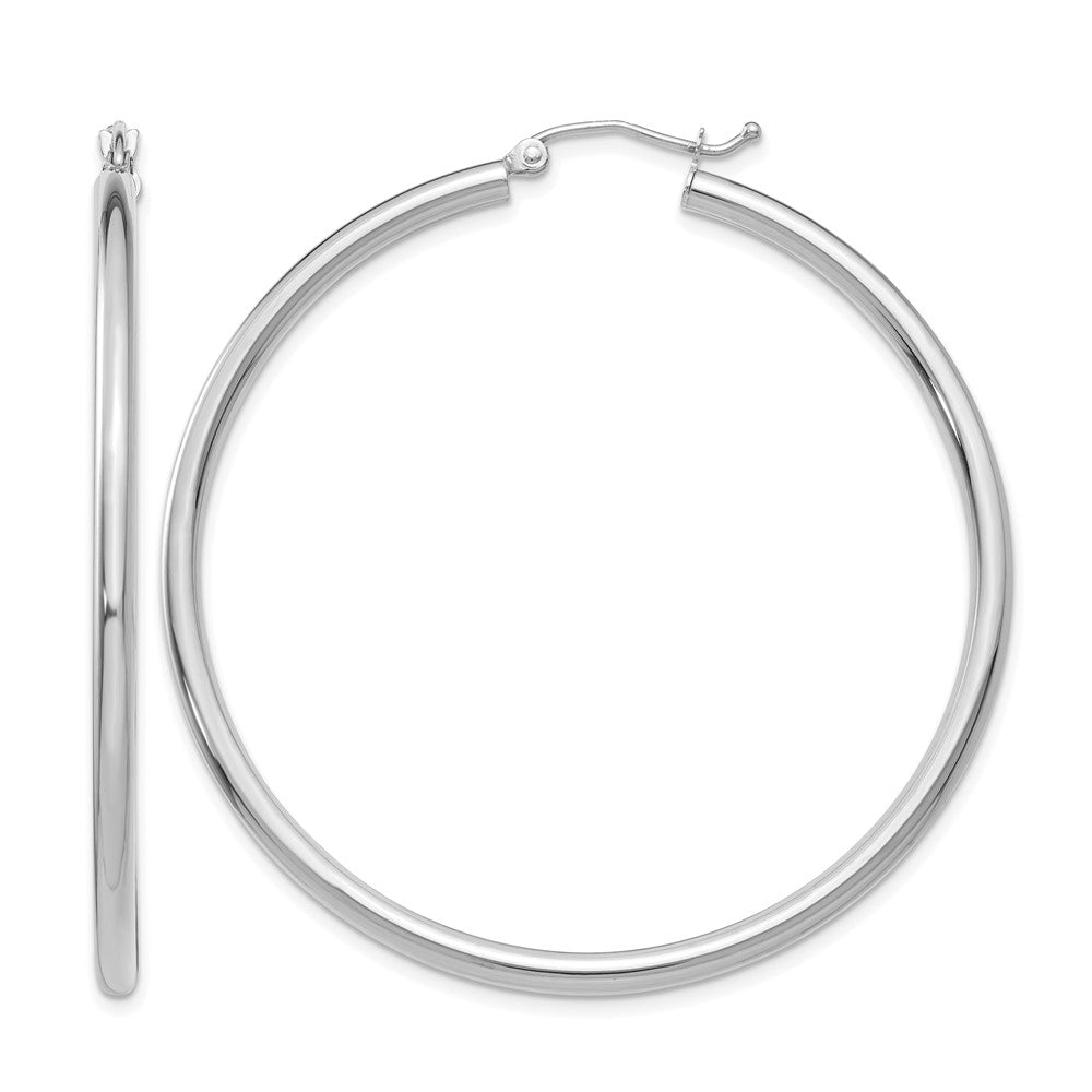 14K White Gold 2.5x50mm Polished Round Tube Hoop Earrings