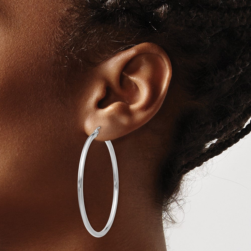 14K White Gold 2.5x50mm Polished Lightweight Tube Hoop Earrings